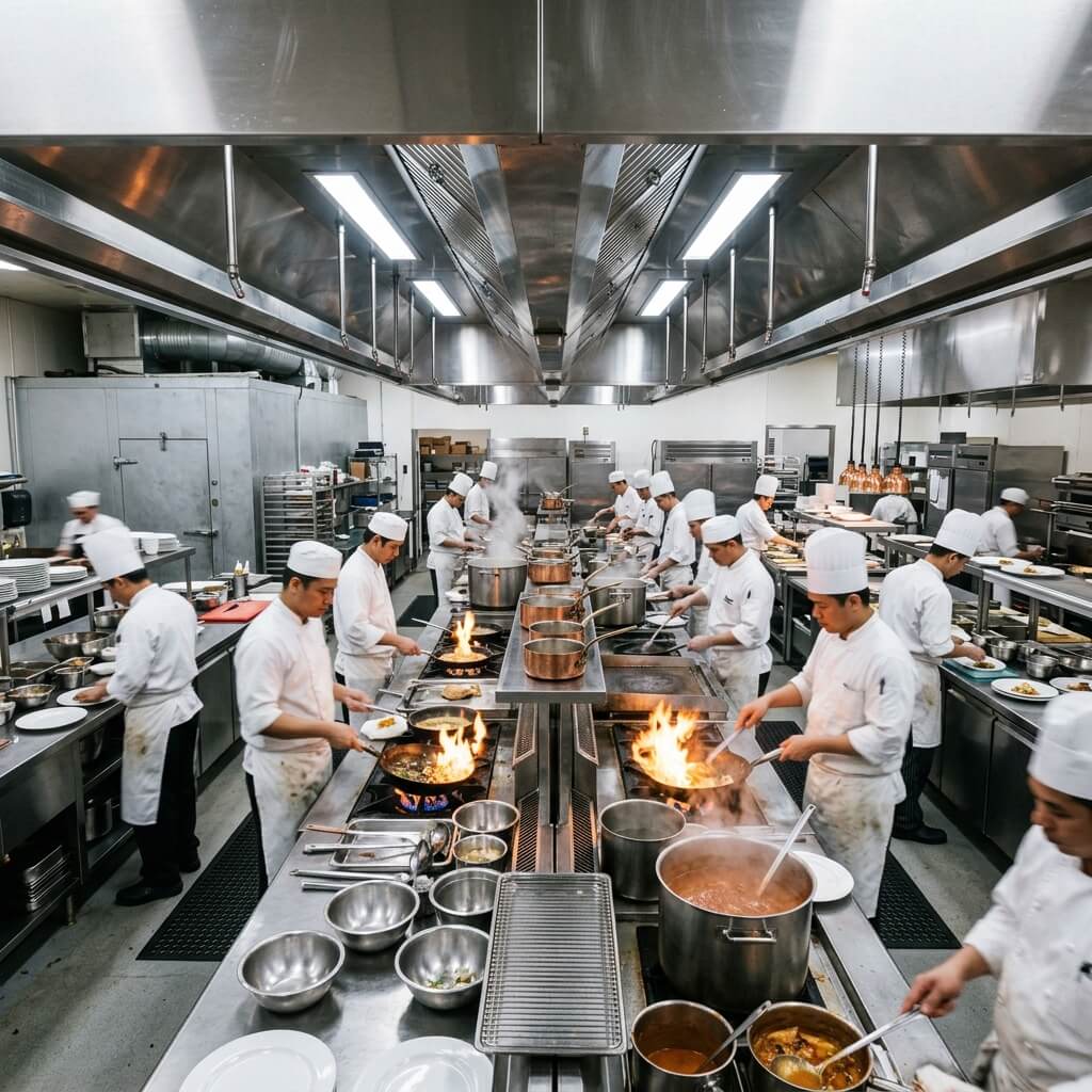 Hotel banquet kitchen ESP exhaust system — large commercial kitchen with multiple wok stations and exhaust hoods for 500+ cover banquet preparation