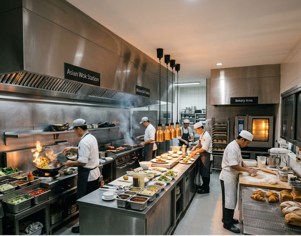 Hotel buffet kitchen ESP purification — multi-station all-day dining kitchen with Asian wok, Western grill and bakery exhaust zones