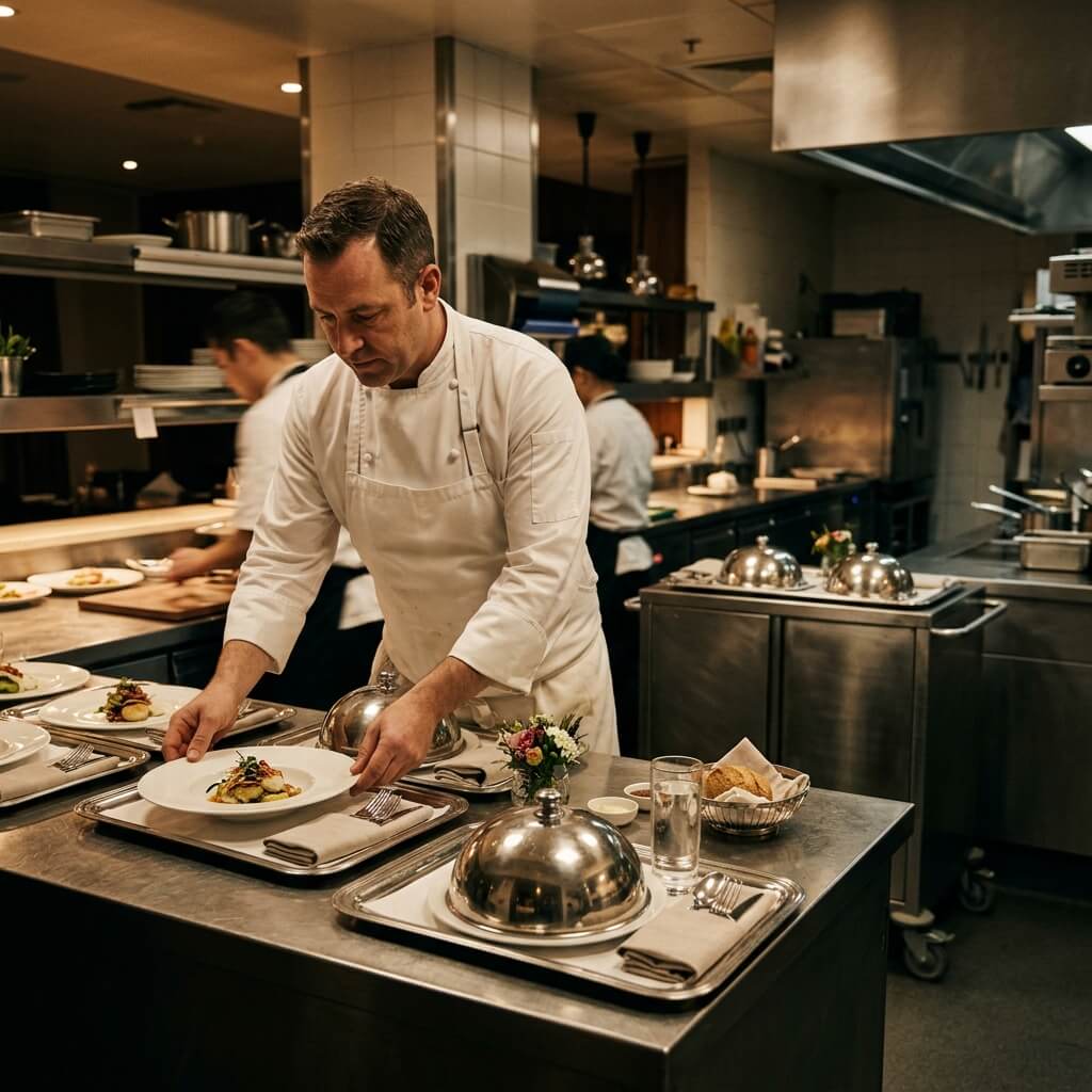 Hotel room service 24/7 kitchen ESP — chef plating room service dishes in central kitchen with redundant ESP modules for non-stop exhaust purification