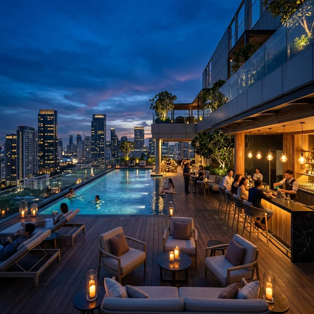 Rooftop bar kitchen exhaust ESP solution — luxury hotel rooftop pool deck with city skyline requiring zero-visible-plume exhaust purification