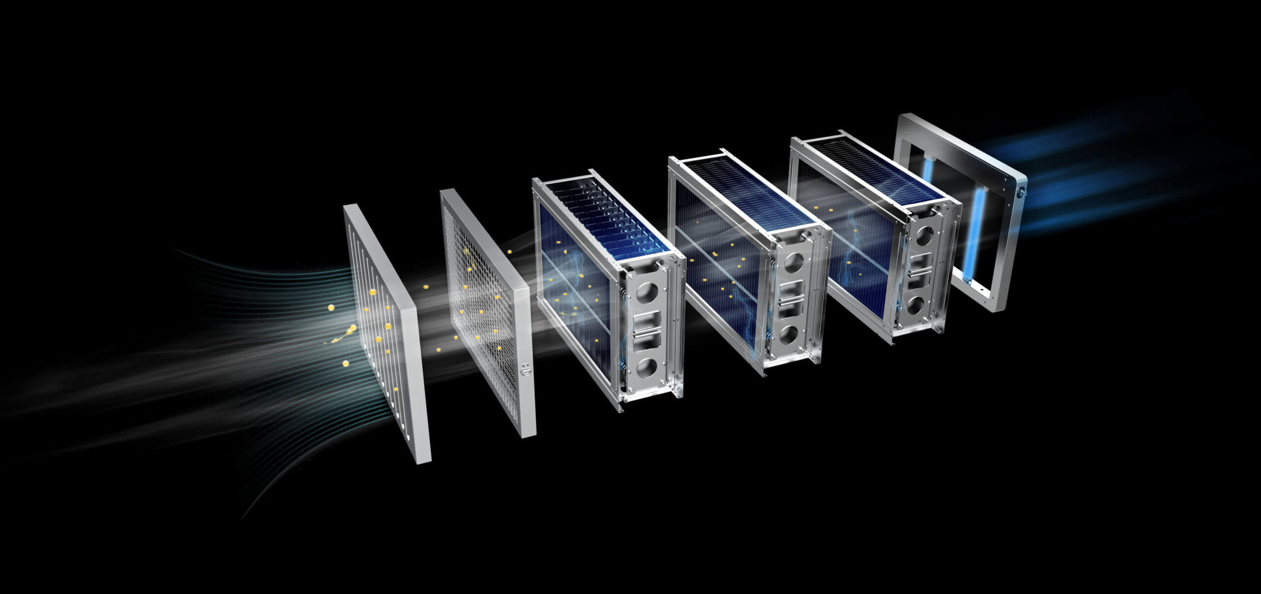 Polygee ESP working principle diagram — ionization and collection stages